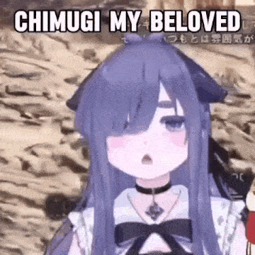 a purple haired anime girl with a choker and a bow on her neck is talking .