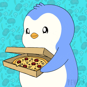 a penguin is holding a box of pizza with pepperoni