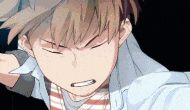 a close up of a person 's face with a striped shirt on