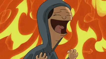 a cartoon character is wearing a hoodie and laughing in front of a fire background .