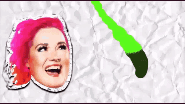 a drawing of a woman with pink hair and a green line