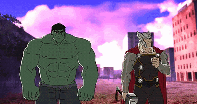 hulk and thor are standing next to each other in front of a building
