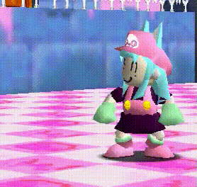 a cartoon character is standing on a checkered floor wearing a pink hat