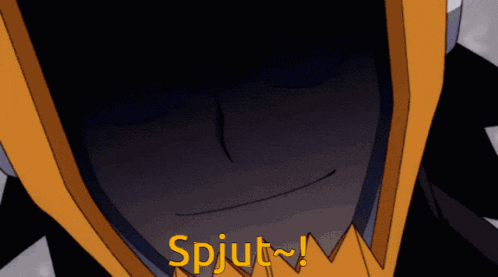 a close up of a person 's face with the word spjut in yellow