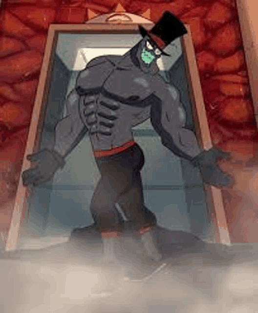 a cartoon character is standing in front of a coffin .