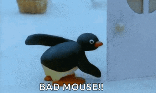 a cartoon penguin with the words bad mouse written on it