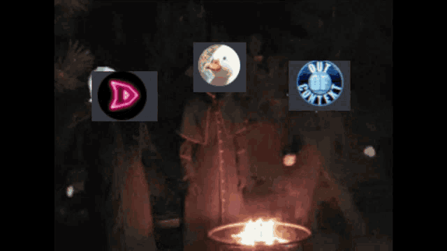 a group of people standing in front of a fire with a circle with the letter d in it