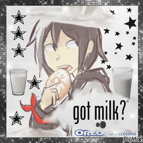 a picture of a girl eating a donut with the words " got milk " on it