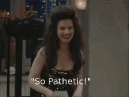 a woman in a black dress says " so pathetic ! "