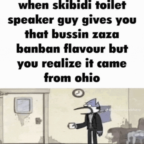 a cartoon character is holding a cup of coffee in a bathroom .
