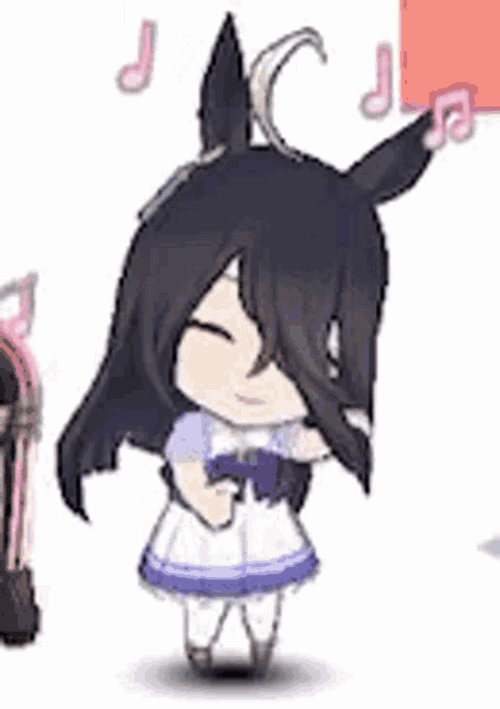a cartoon girl with long black hair and ears is standing next to a dog and a horse .