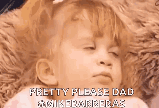 a little girl is laying on a blanket and making a funny face while saying `` pretty please dad '' .