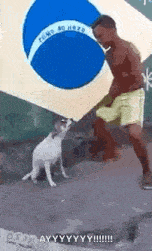 a man is standing next to a dog and a flag .