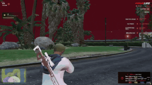 a man is holding a gun in a video game with a red screen