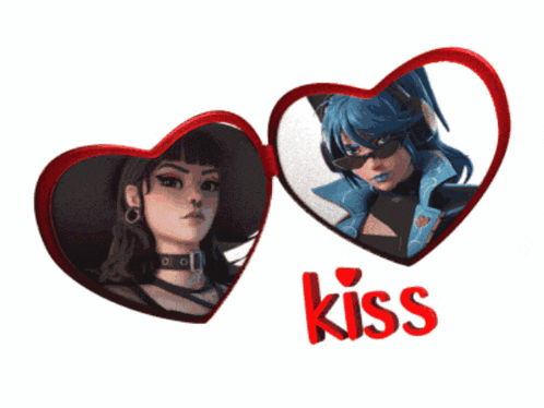 two hearts with a picture of a girl and the word kiss