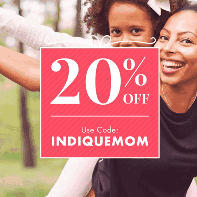 a woman is carrying a little girl on her shoulders and a sign says 20 % off