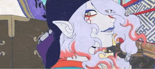 a cartoon drawing of a demon with a beard and red eyes