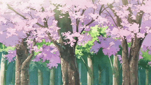 a painting of trees with pink flowers in a forest
