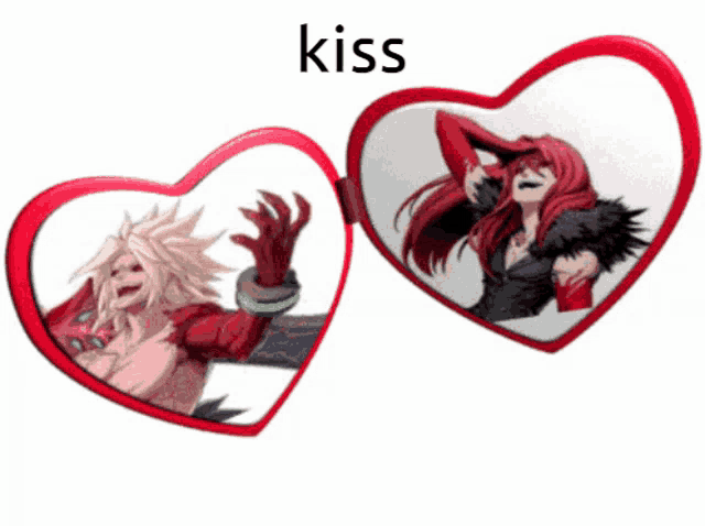 two red heart shaped mirrors with a man and a woman on them