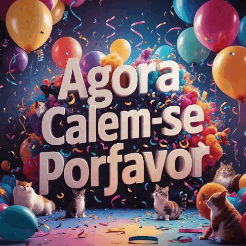 a group of cats are sitting under balloons and confetti .