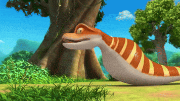 a cartoon snake is crawling through a grassy field near a tree