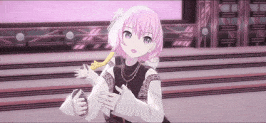 a girl with pink hair and blue eyes is standing on a stage in a video game .