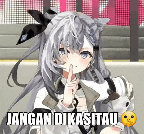 a girl with gray hair is holding her finger to her lips and says jangan dikastolau .