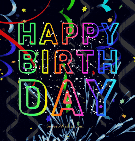 a happy birthday greeting card with fireworks and ribbons