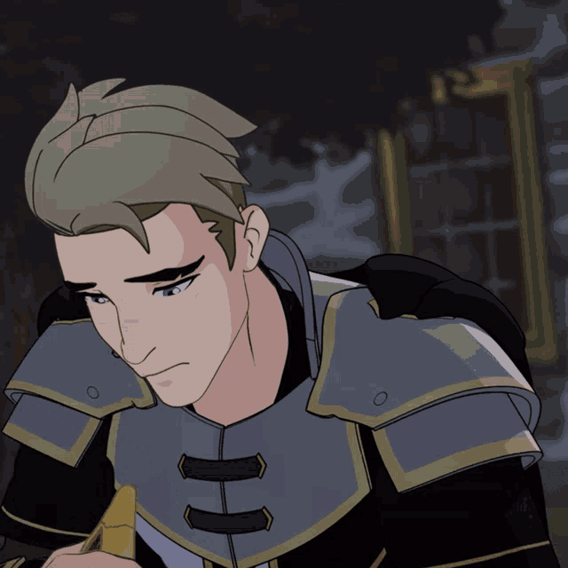 a close up of a cartoon character 's face with a sword in his hand