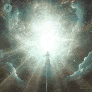 a painting of a person standing in the clouds with a light coming out of the sky