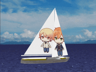 two anime characters on a sailboat in the water