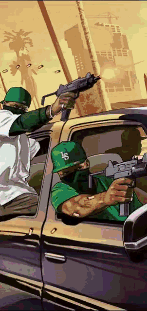 a man in a green hat with the letter ls on it is holding a gun