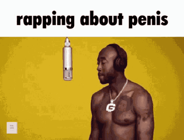 a shirtless man wearing headphones is rapping about penis .