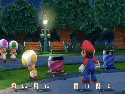 a screenshot of a video game with mario and toads