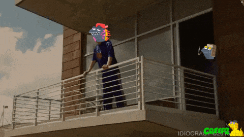 a man standing on a balcony with a cartoon character on his head and the words idiocracy2018 on the bottom