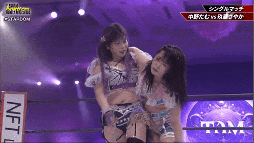 two women are wrestling in a ring with a sign that says net