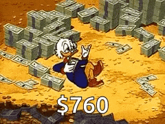 a cartoon character is laying on the ground surrounded by a pile of money .