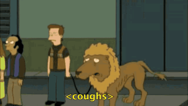 a cartoon of a man walking a lion on a leash with the word coughs below it