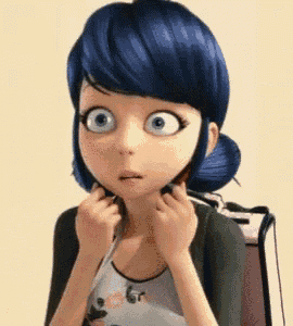 a cartoon girl with blue hair is making a surprised face while holding her hands to her face .
