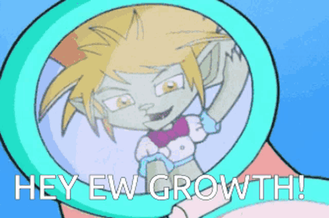 a cartoon character is seen through a magnifying glass with the words hey ew growth below it