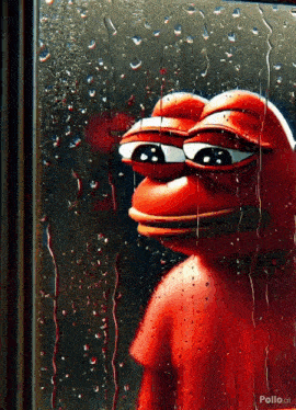 a red frog is looking out a window with rain drops on the glass