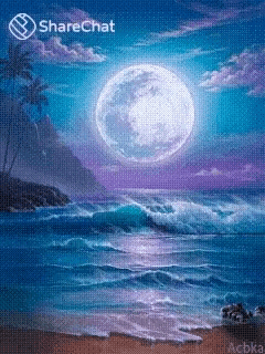 a painting of a beach with a full moon in the sky