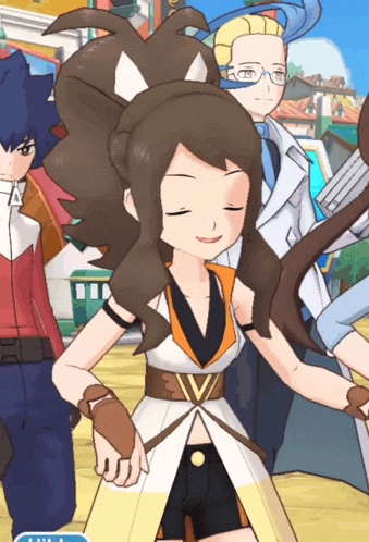 a cartoon character with a v on her belt is smiling