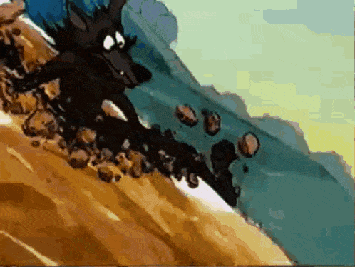 a cartoon drawing of a wolf standing on a rocky hillside