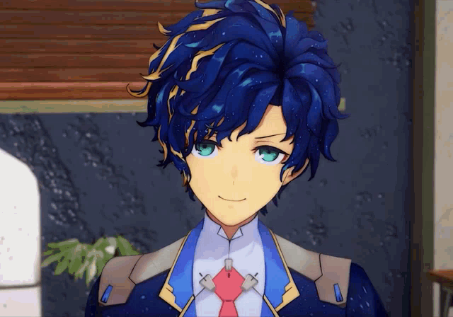 a boy with blue hair and a red tie is smiling