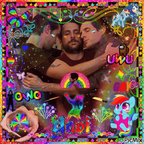 a picture of three men hugging each other with a rainbow in the background and the word uwu in the corner
