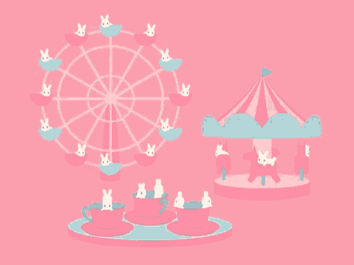 a ferris wheel and a merry go round with rabbits on them