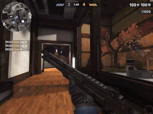 a person holding a rifle in a video game with 1:49 left in the game