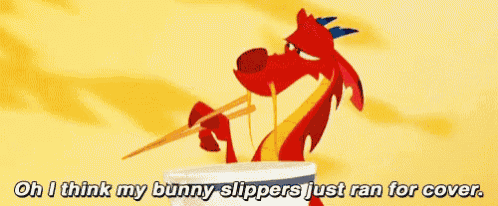 a cartoon dragon is eating noodles with chopsticks and says oh i think my bunny slippers just ran for cover .