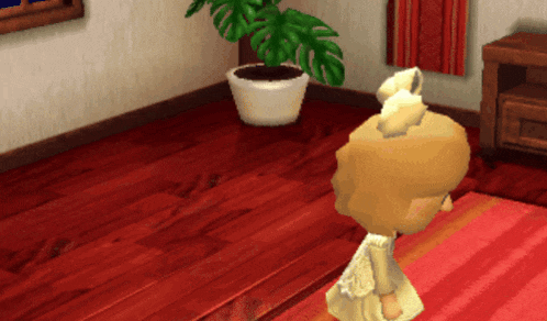 a cartoon character is standing in a room with a potted plant